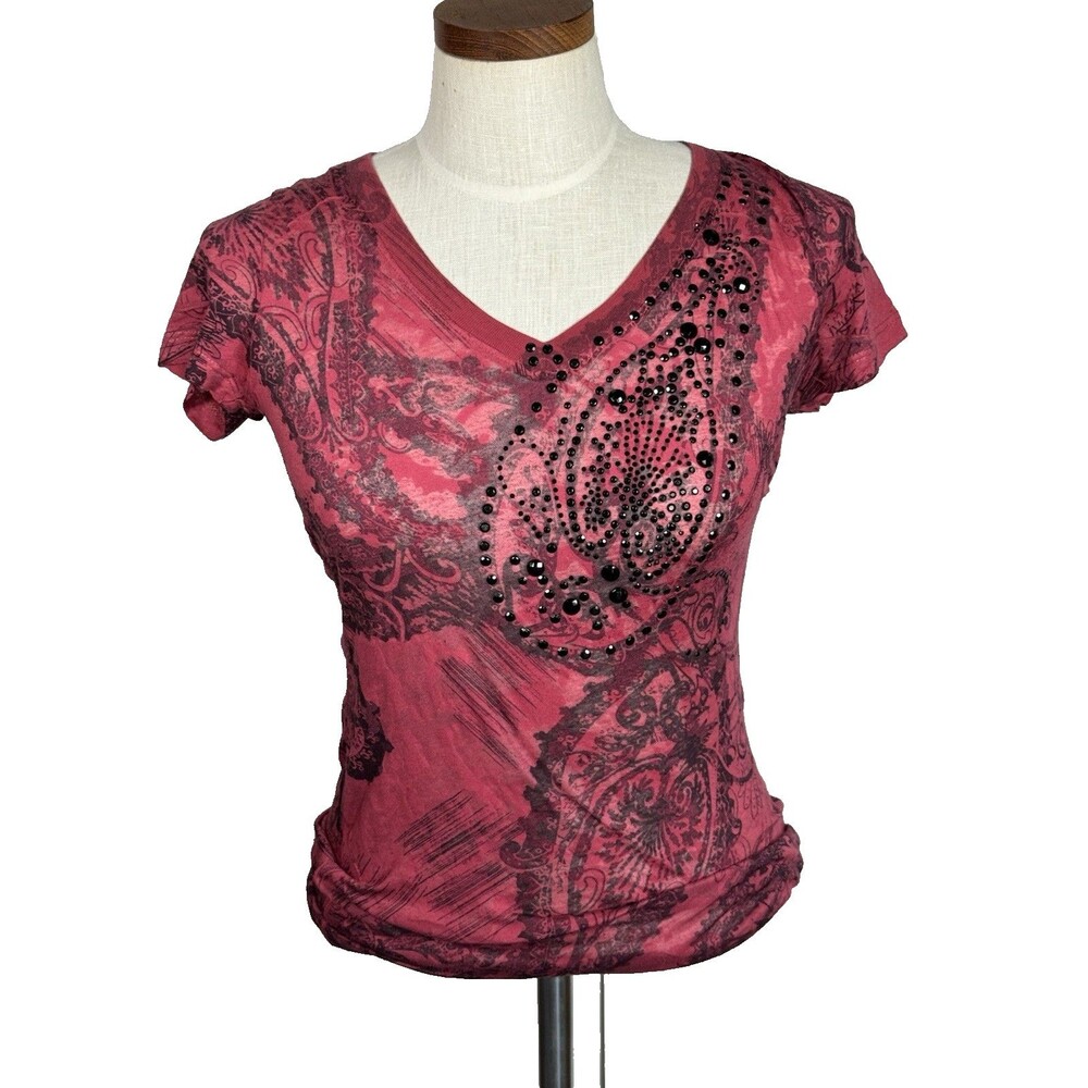 Y2K Daytrip Distressed Graphic Tee Shirt Red Rhinestone Grunge Punk Women's M
